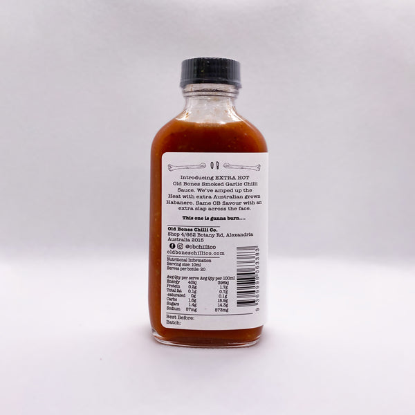 Old Bones Chilli Co Smoked Garlic Chilli Sauce Extra Hot 100ml Bottle Back