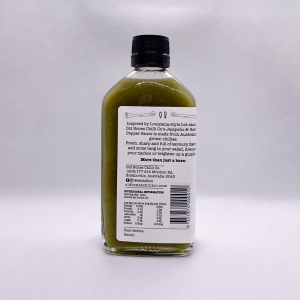 Old Bones Chilli Co Jalapeno & Garlic Pepper Sauce Bottle Back