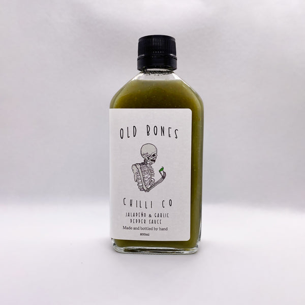 Old Bones Chilli Co Jalapeno & Garlic Pepper Sauce Bottle Front