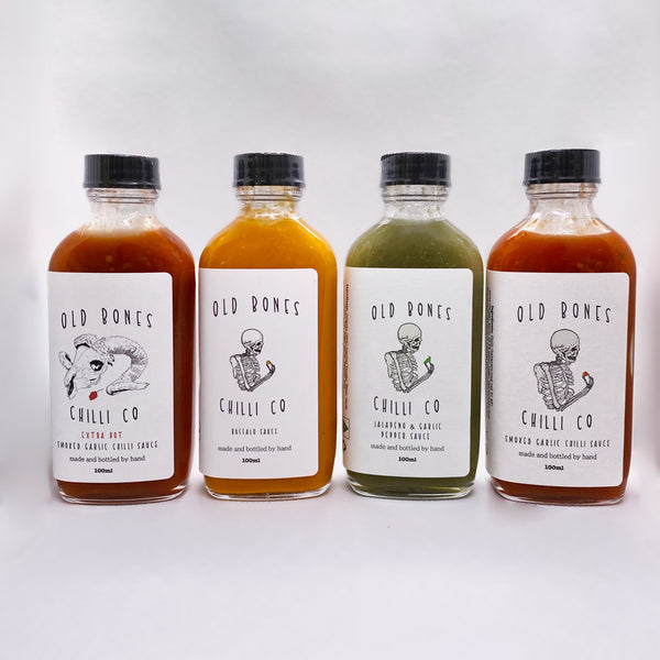 Old Bones Chilli Co The Saucy Taster Pack; 4 x 100ml bottles of hot sauce