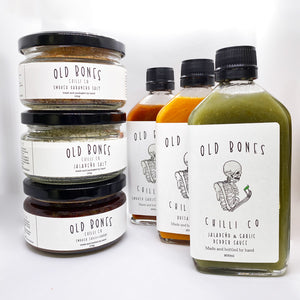 Old Bones Chilli Co The Lot Bundle; 3 Jars of condiments and 3 bottles of hot sauce