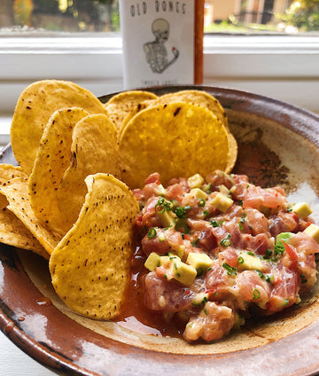 MY favourite super easy Blue fin tuna ceviche. Old Bones smoked garlic chilli sauce adds the perfect PUNCH to this bright summer recipes.