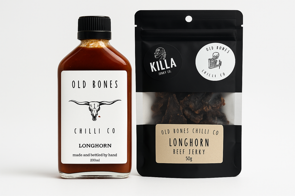 Old Bones Chilli Co Longhorn sauce and jerky products arranged together