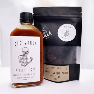 Old Bones Chilli Co The Staple Pack; Smoked Garlic Chilli Sauce Bottle and Smoked Garlic Chilli Beef Jerky