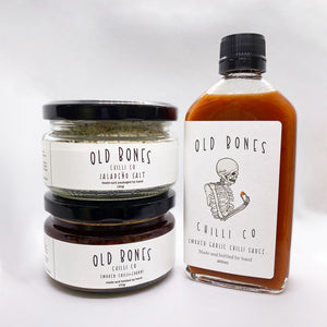 Old Bones Chilli Co The Original Bundle; Smoked Garlic Chilli Sauce Bottle, Jalapeno Salt Jar and Smoked Chilli Churri Jar
